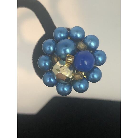 Vtg MCM 1960’s Clip On Earrings Blue Gold Beads Cluster Mid-Century Japan - Picture 4 of 6